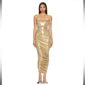 Norma Kamali Gold Ruched Strapless Cocktail Gown